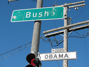 Bush and Obama streets intersection signs
