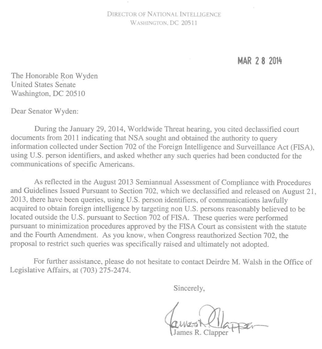 Clapper's complete letter