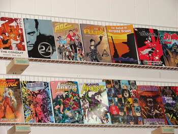 wall of comic books