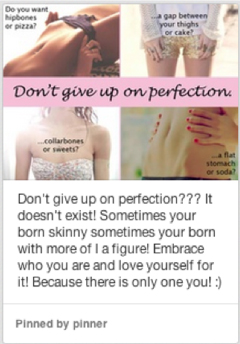 The image reads: Do you want hipbones or pizza? a gap between your thighs or cake? collarbones or sweets? a flat stomach or soda? Don't give up on perfection.
