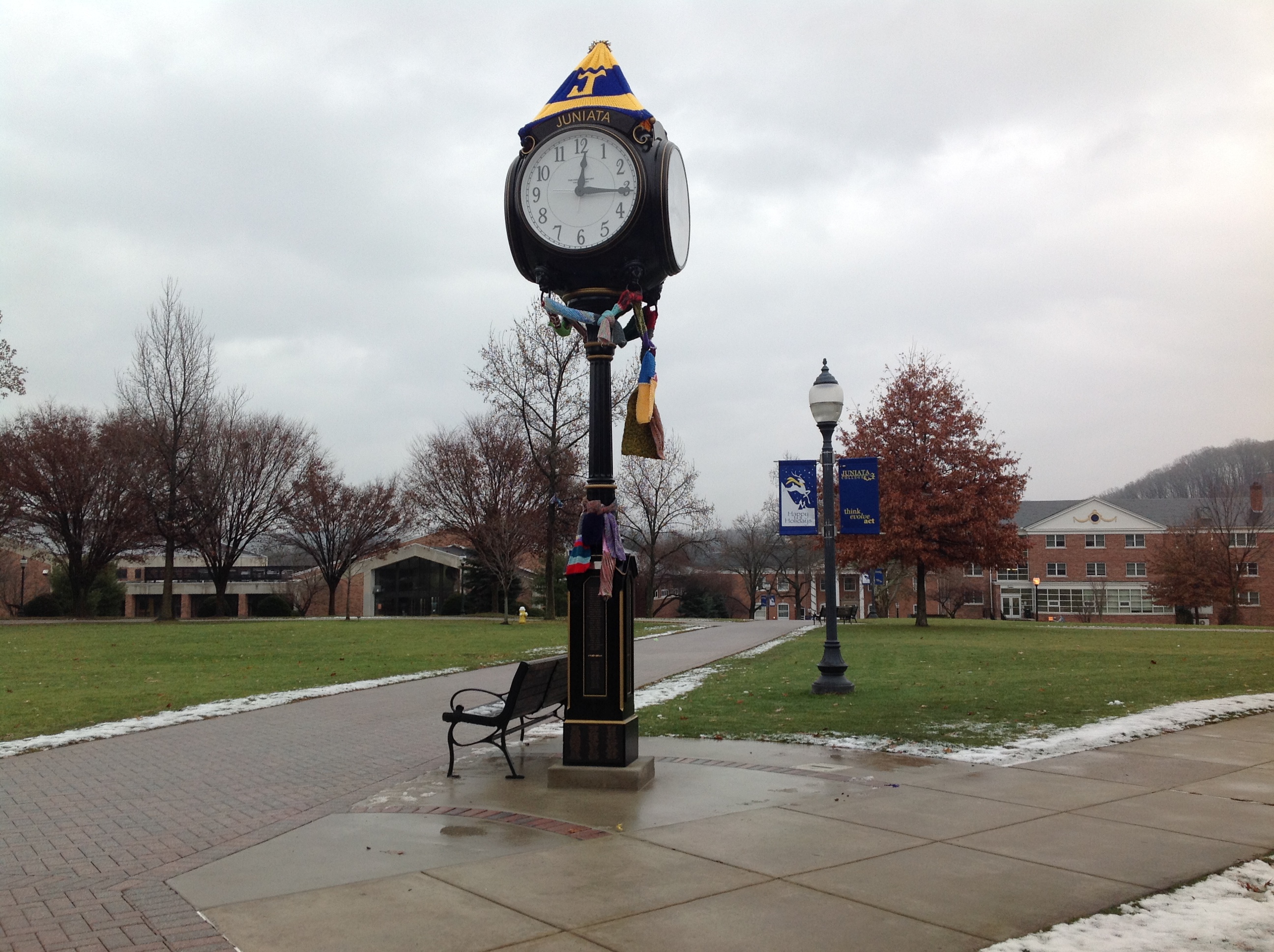 Yarn-bombed clock on campus