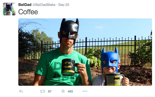Tweet: Coffee, with image of father and son wearing batman masks and holding batman mugs