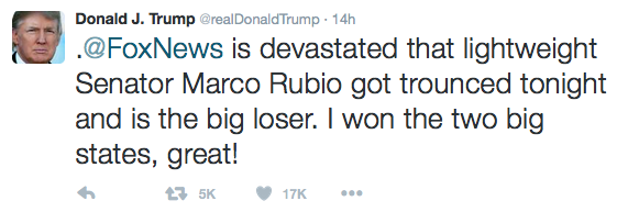 Tweet: Fox News is devestated that lightweight Senator Marco Rubio got trounced tonight and is the big loser. I won the two big states, great!