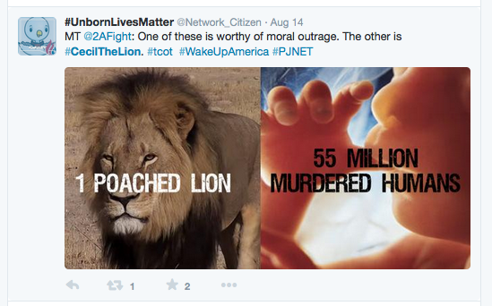 Tweet: One of these is work moral outrage. The other is Cecil the Lion (with picture of fetus next to picture of lion
