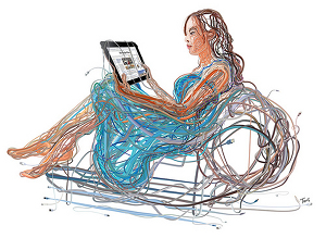A representation of a human made of wires and wired to technology
